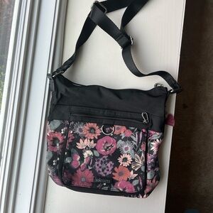 Sakroots Pink and Black Crossbody Bag with Floral Design